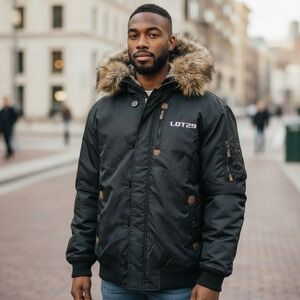 VTG Lot 29 Mens Taz Tasmanian Devil Bomber Jacket Lined Black Faux Fur Hood XL